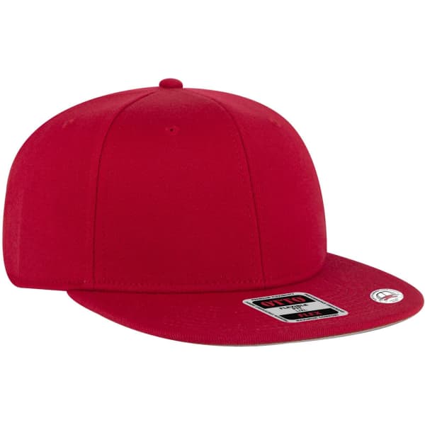 A red 6 panel mid profile style baseball cap with a flat brim and a logo on the side.