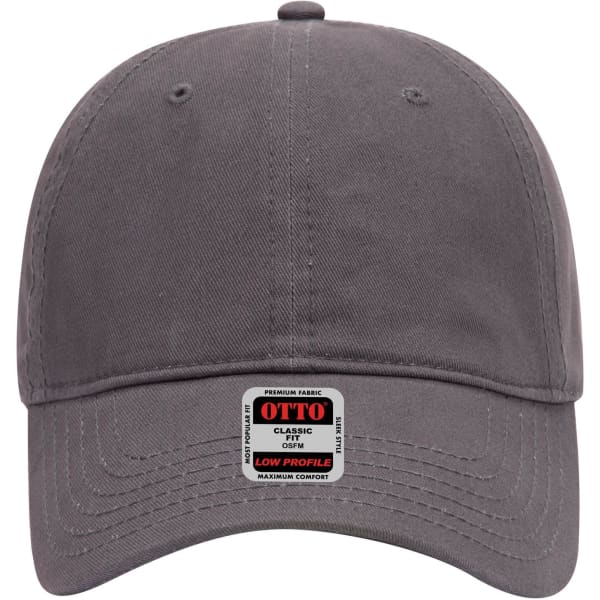 A grey 6 panel low profile baseball cap featuring a logo on the front and a curved brim.