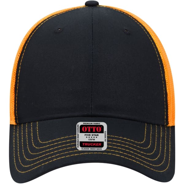 A black and orange 6 panel low profile trucker cap with a mesh back and a label on the front.