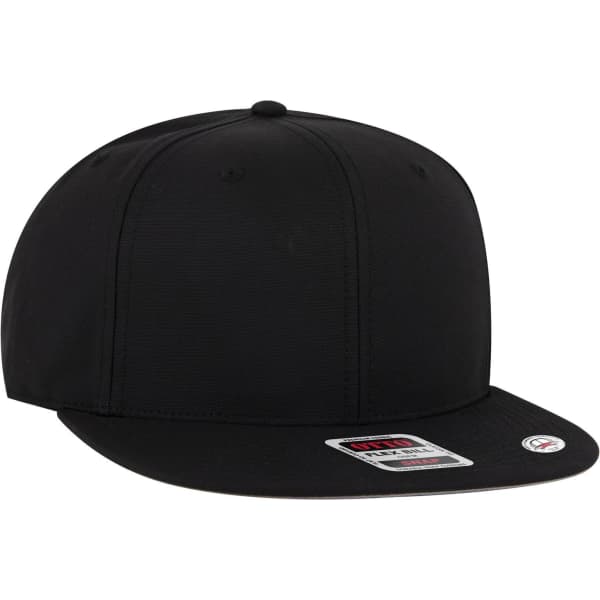 A black snapback cap with a flat brim and a grey undervisor, featuring a branding logo.