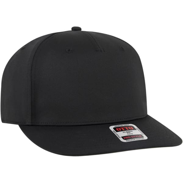 A black 5 Panel Pro Style Snapback Hat featuring a structured design and a logo on the front.