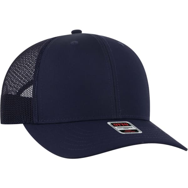 A navy blue mid-profile trucker cap with a mesh back and an adjustable strap. It features a branded label.
