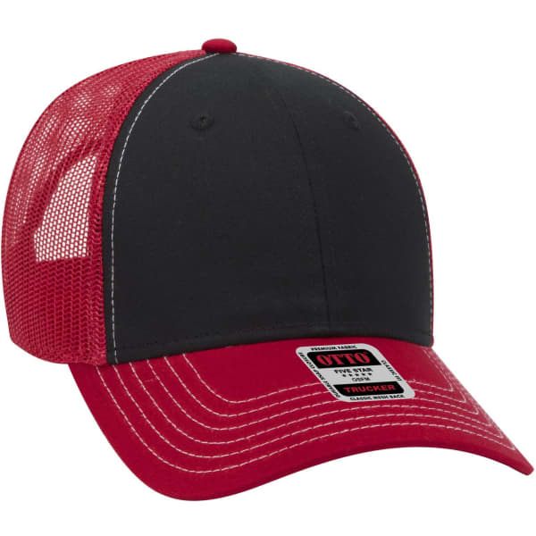 A 6-panel low profile trucker cap in red and black, featuring a mesh back and an identifiable logo.