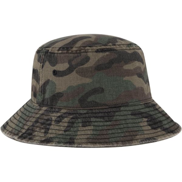 A camouflage bucket hat with a wide brim and a textured fabric, featuring a small logo.