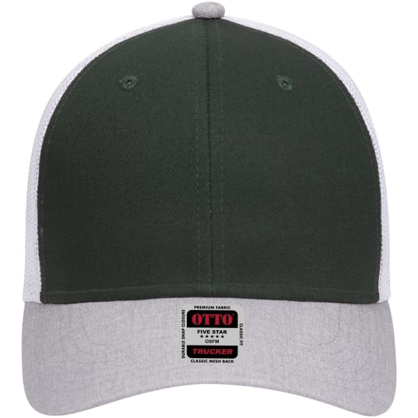 A low-profile trucker cap with a dark green front and a grey brim, featuring a mesh back and a logo.