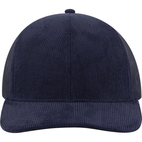 A navy blue 6 panel mid profile trucker cap with mesh sides and a structured front. Features a logo.