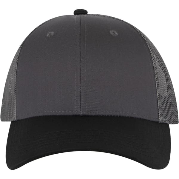 A 6 panel low profile trucker cap featuring a grey front and black brim, with a mesh back and logo.