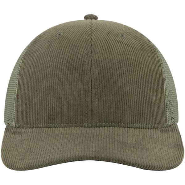 A green, corduroy 6 panel mid-profile trucker cap with mesh sides and a logo on the front.