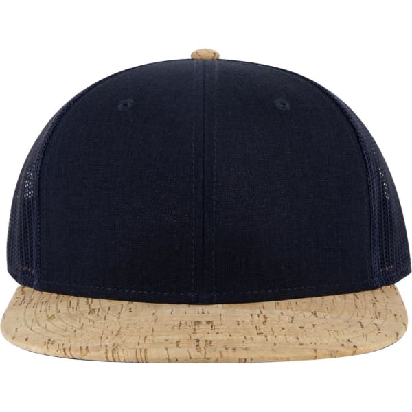 A 6-panel mid-profile trucker cap in navy with a cork-like brim and mesh side panels. It includes a branding logo.