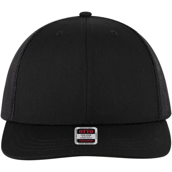 A black 6 panel mid profile trucker cap with a mesh back and a small logo on the front.
