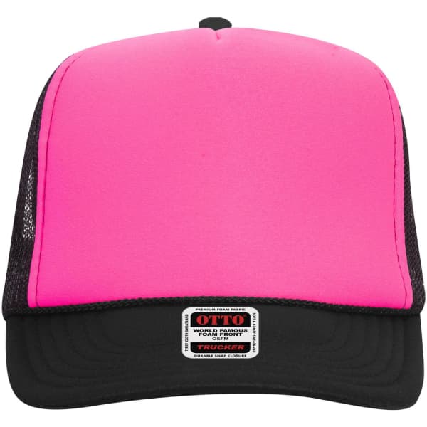 A high crown trucker cap featuring a bright pink front and black mesh sides. It includes a logo on the front.
