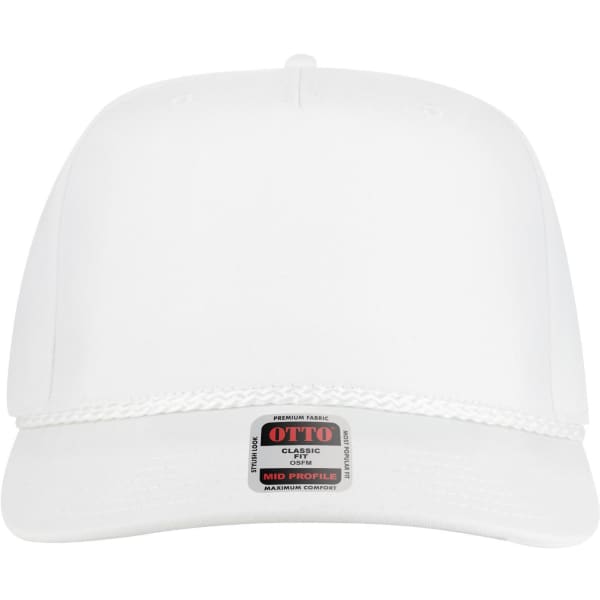 A white 5-panel mid-profile baseball cap with a brand label on the front and a decorative trim on the peak.