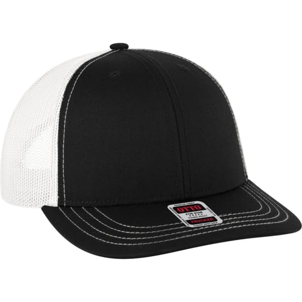 A black and white 6-panel mid profile trucker cap with a mesh back and a logo on the front.
