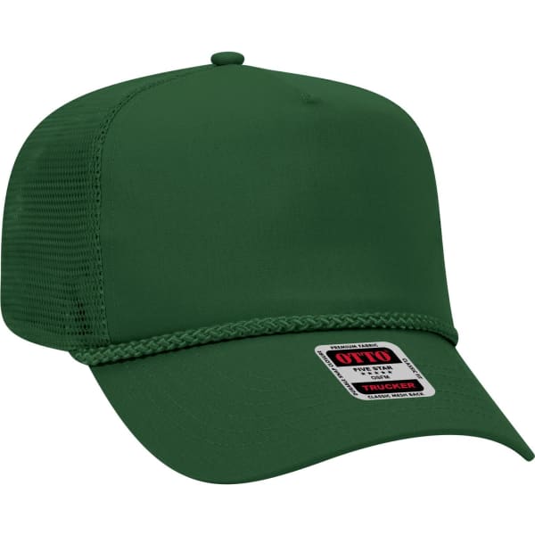 A green 5 panel mid profile trucker cap with a mesh back and a decorative rope trim, featuring a logo label.