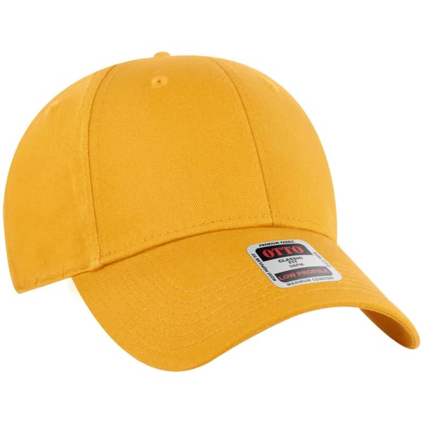 A yellow six-panel low profile baseball cap with a curved brim and an attached logo.