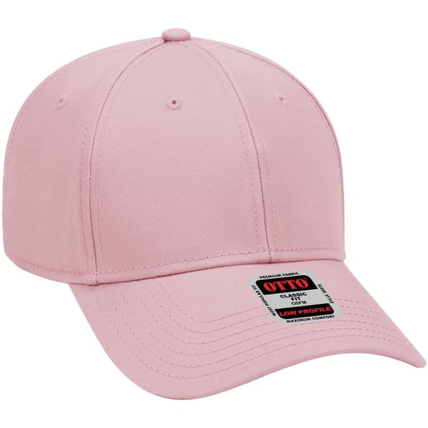A pink six-panel low profile baseball cap with a logo on the front.