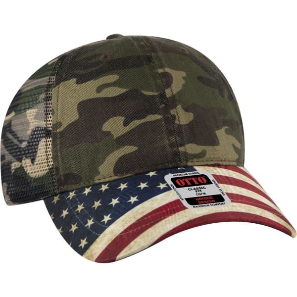 A low profile trucker dad cap featuring a camouflage design and an American flag front panel. Includes a logo.