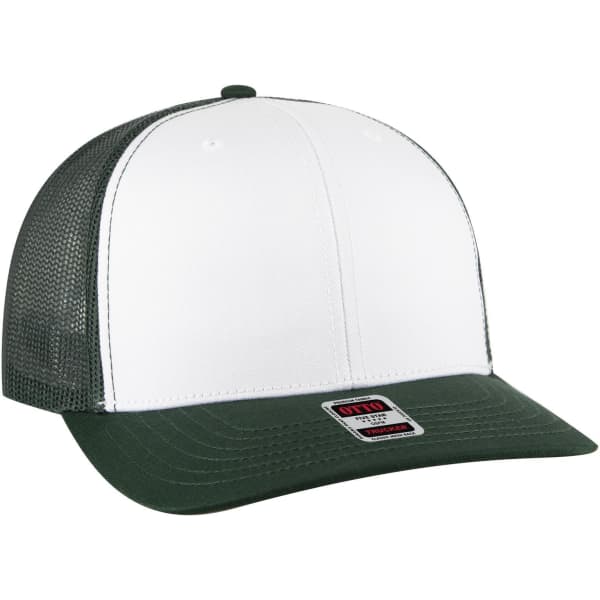 A 6 panel mid profile trucker cap featuring white front panels and a green visor, with a mesh back and logos.