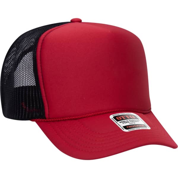 A red high crown trucker cap with a black mesh back and a branded label on the side.