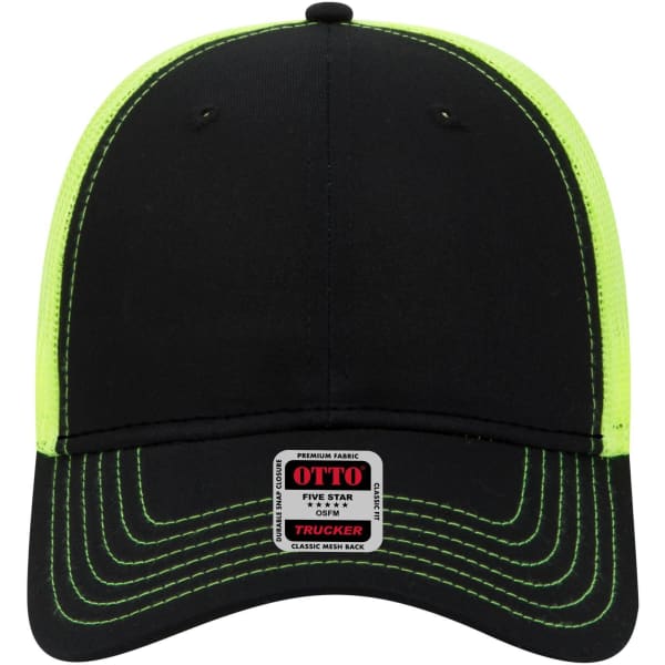 A black and neon green 6 panel low profile trucker cap with a logo on the front and contrasting stitching.
