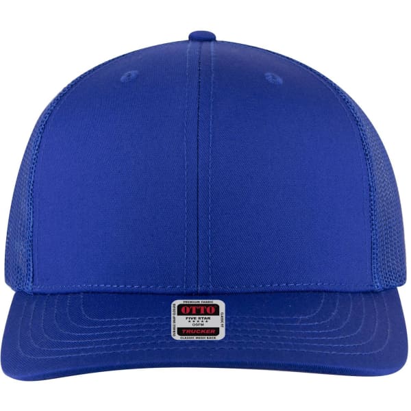 A blue 6 panel mid profile trucker cap with mesh sides and a small logo on the front.