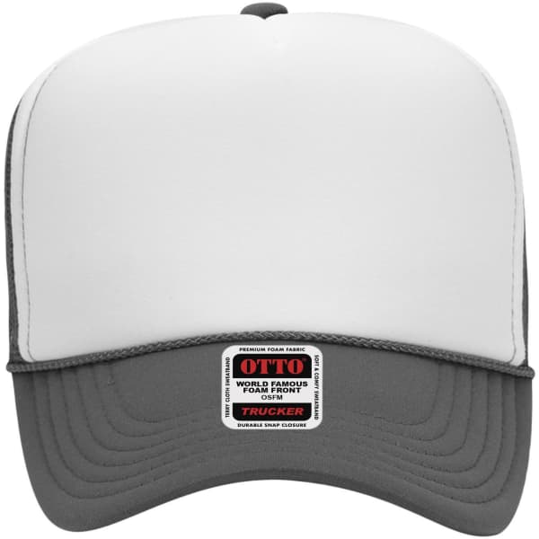 A high crown trucker cap featuring a white front and grey mesh back, with a logo on the front label.