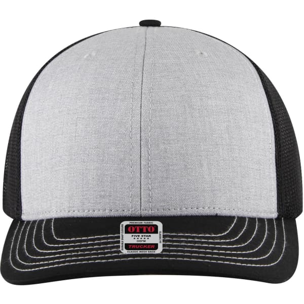 A grey and black 6 panel mid-profile trucker cap with a mesh back and a label on the front.