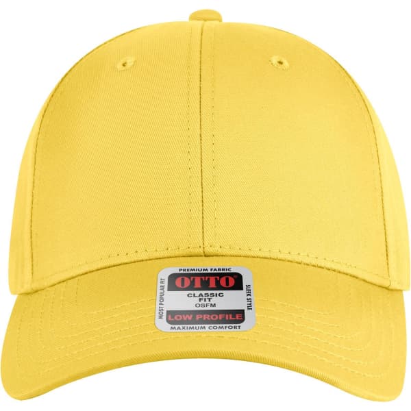 A yellow 6-panel low profile baseball cap with a logo and a comfort label on the front.