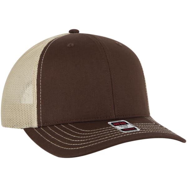 A brown and beige six-panel mid-profile trucker cap with a mesh back and stitched detailing.