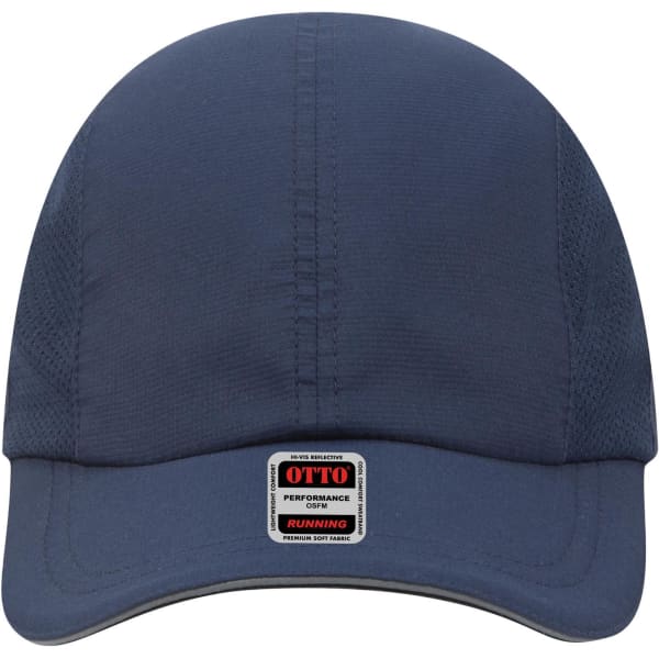 A navy blue reflective six-panel running cap featuring a logo on the front and mesh side panels.