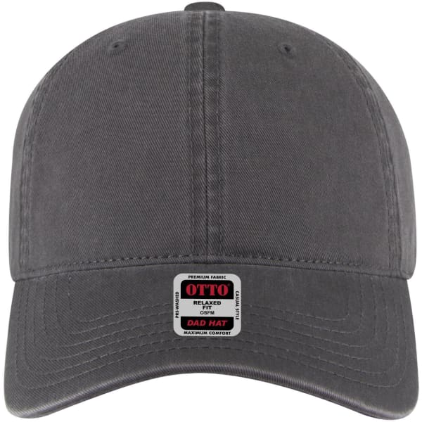 A grey 6-panel low profile dad cap featuring a branded logo tag on the front.