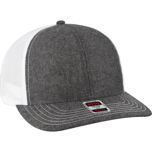 A grey trucker cap with a mid-profile design and white mesh back, featuring a logo on the front.
