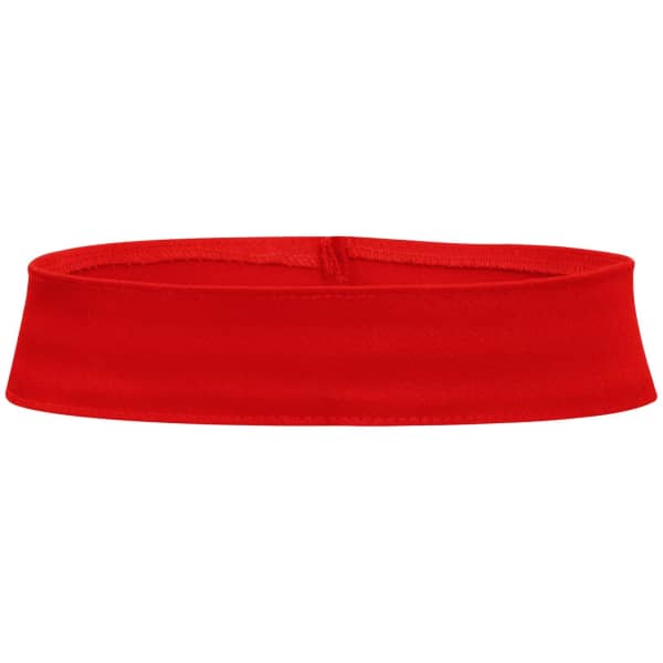 A red hat band featuring a simple, solid design. It has a smooth texture and includes a branding logo.