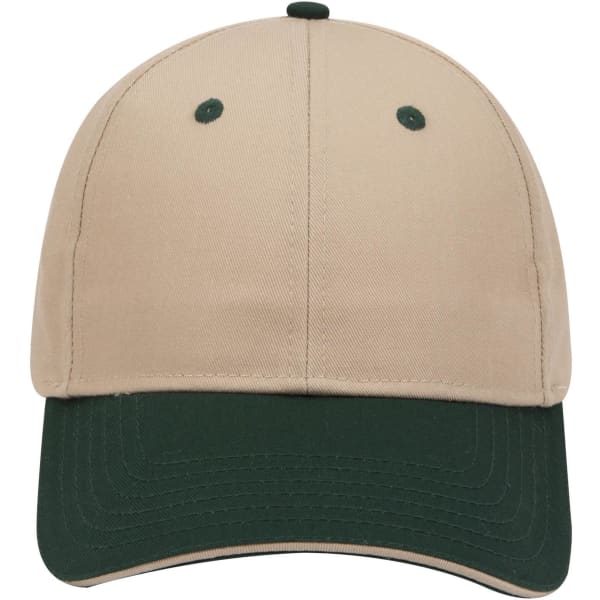 A beige 6-panel low profile baseball cap with a dark green brim and logo detail on the front.