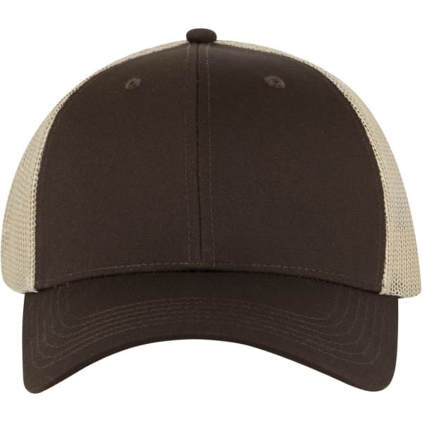 A brown low-profile trucker cap with a beige mesh back and a solid front panel. Features a logo.