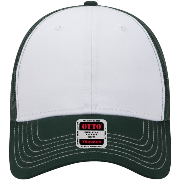 A low profile trucker cap featuring a white front and a dark green mesh back, with a branded tag on the side.