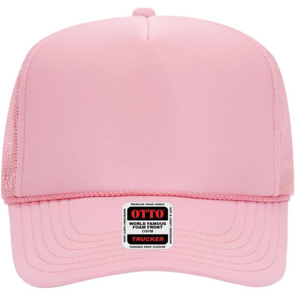 A pink 5 Panel High Crown Trucker Cap with a foam front and mesh backing, featuring a logo on the front.