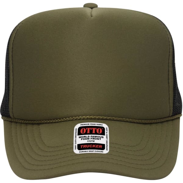 A high crown trucker cap in olive green, featuring a foam front and mesh back, with a branded label.