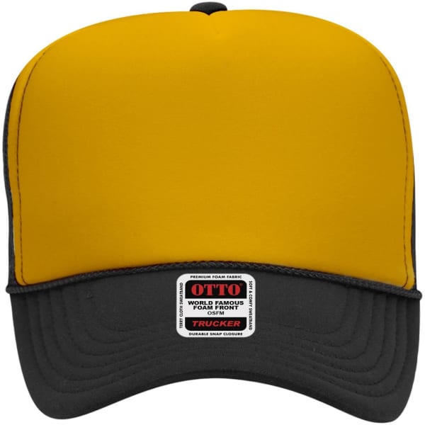 A five-panel high crown trucker cap in yellow and black, featuring a logo on the front.