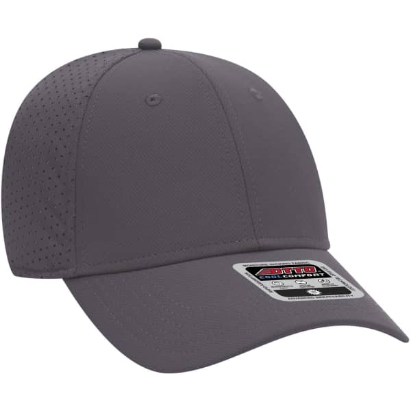 A grey six-panel low-profile baseball cap with a logo, featuring a perforated design for breathability.