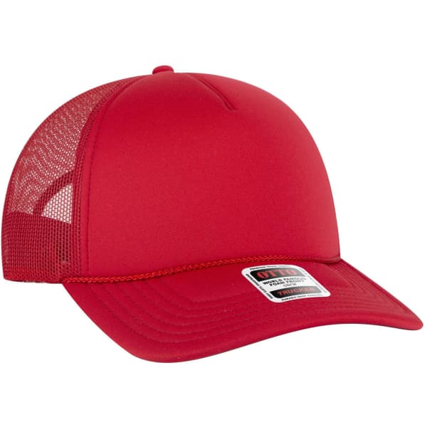 A red 5 panel low profile trucker cap with mesh sides and a branded patch on the front.