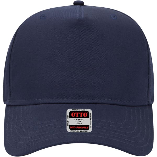 A navy blue 5 panel mid profile baseball cap with a logo on the front.
