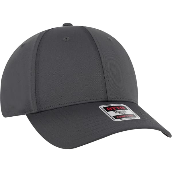 A grey six-panel low profile baseball cap with a logo on the front.