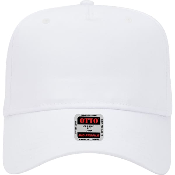 A white 5-panel mid crown baseball cap featuring a branded label on the front.