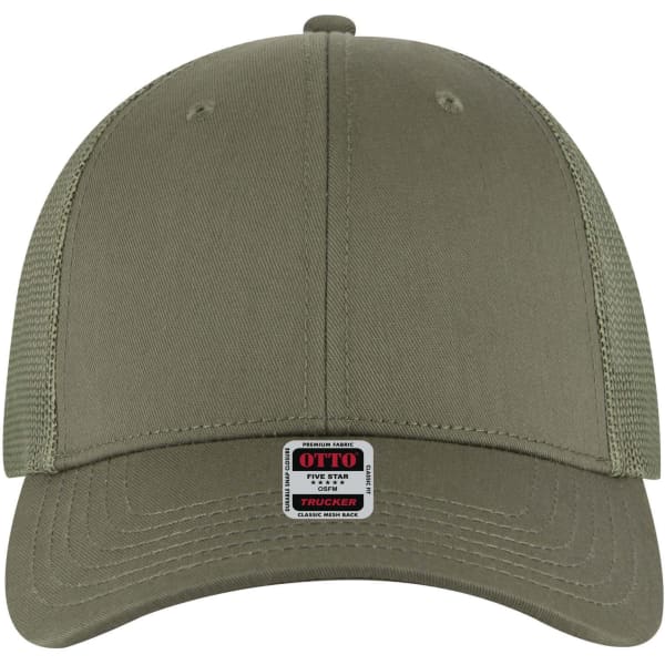 A low profile trucker cap in olive green, featuring a mesh back and a logo patch on the front.