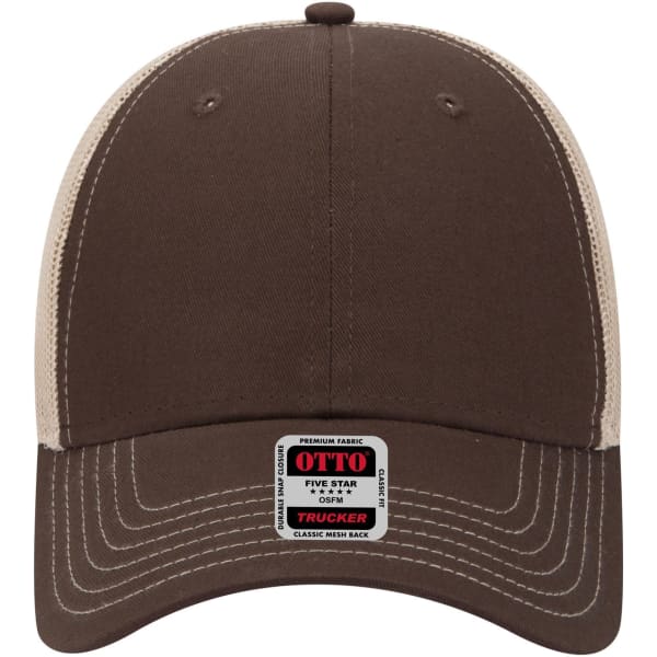 A brown 6 panel low profile trucker cap with a beige mesh back and a logo on the front.