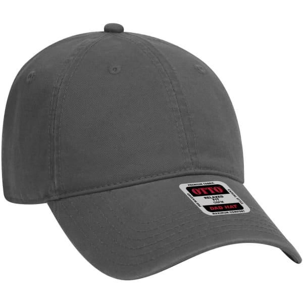 A grey 6 panel low profile dad cap featuring a logo on the side. Ideal for casual headwear.