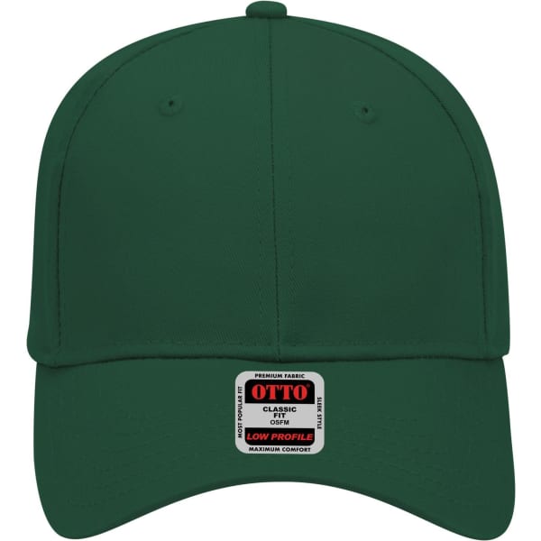 A green 6 panel low profile baseball cap with a tag, featuring a logo on the front.