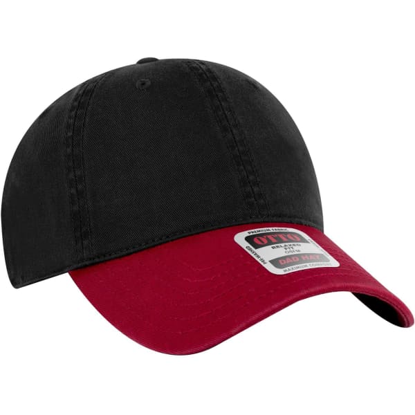 A black and red 6 panel low profile dad cap featuring a logo on the front.