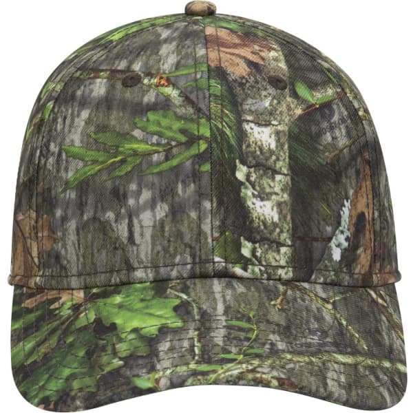 A camouflage low profile baseball cap featuring a forest-themed pattern in various shades of green and brown.